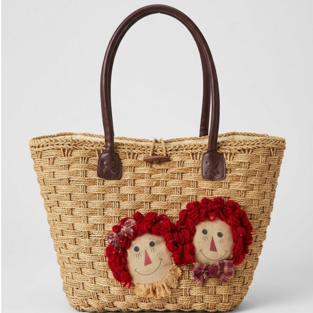 Vintage Raggedy Ann Andy Woven Straw Tote Bag Fall Autumn Holiday Basket Purse